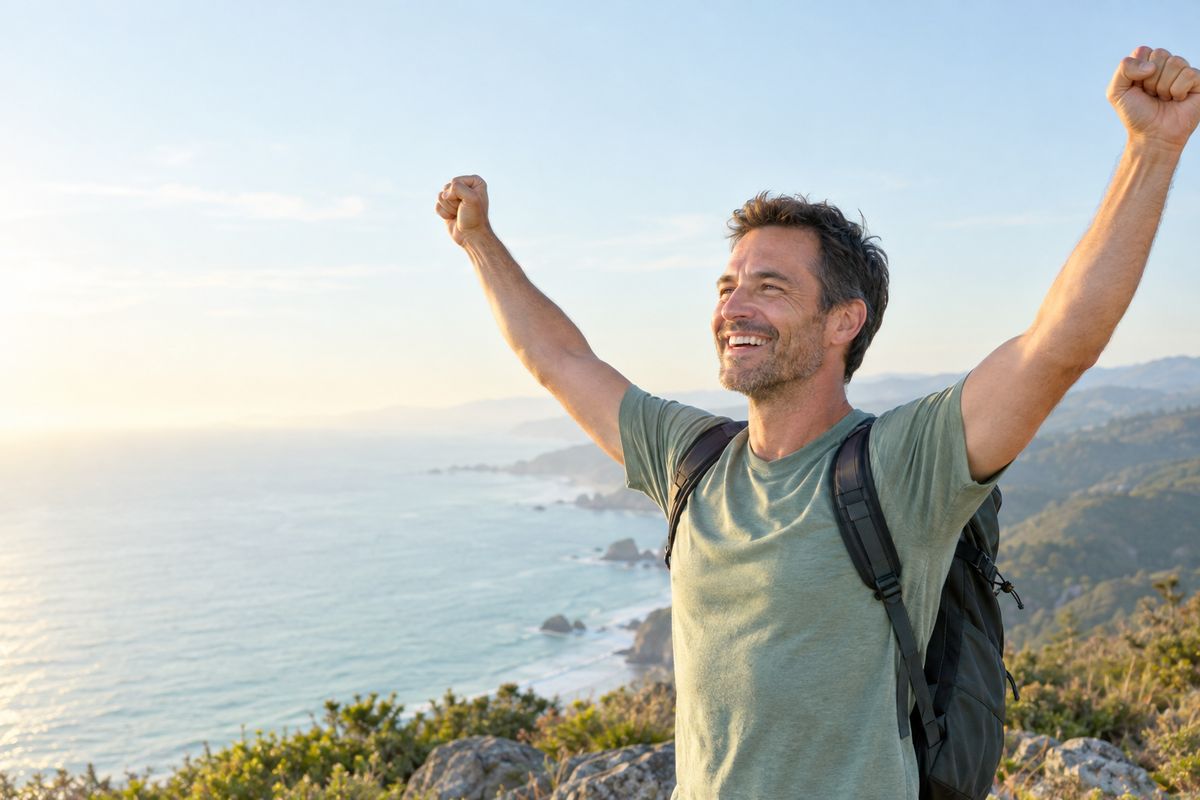 A smiling man celebrating with arms raised at the top of a coastal hiking trail